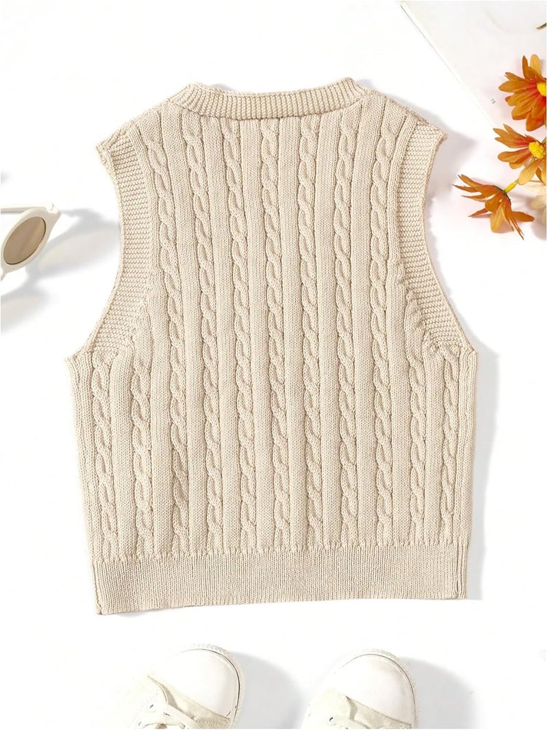 MakeMeChic Girl's Fall Cable Knit Vest Tops V Neck Sleeveless Cute Cropped Sweater Vest - Image 2